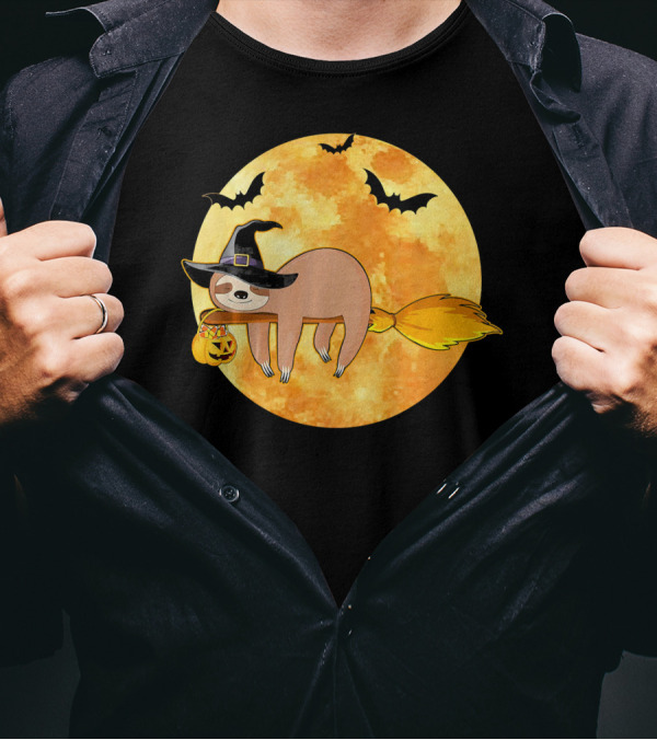 Lazy Sloth Riding Witches Broom With Pumpkin And Full Moon Background T-Shirt