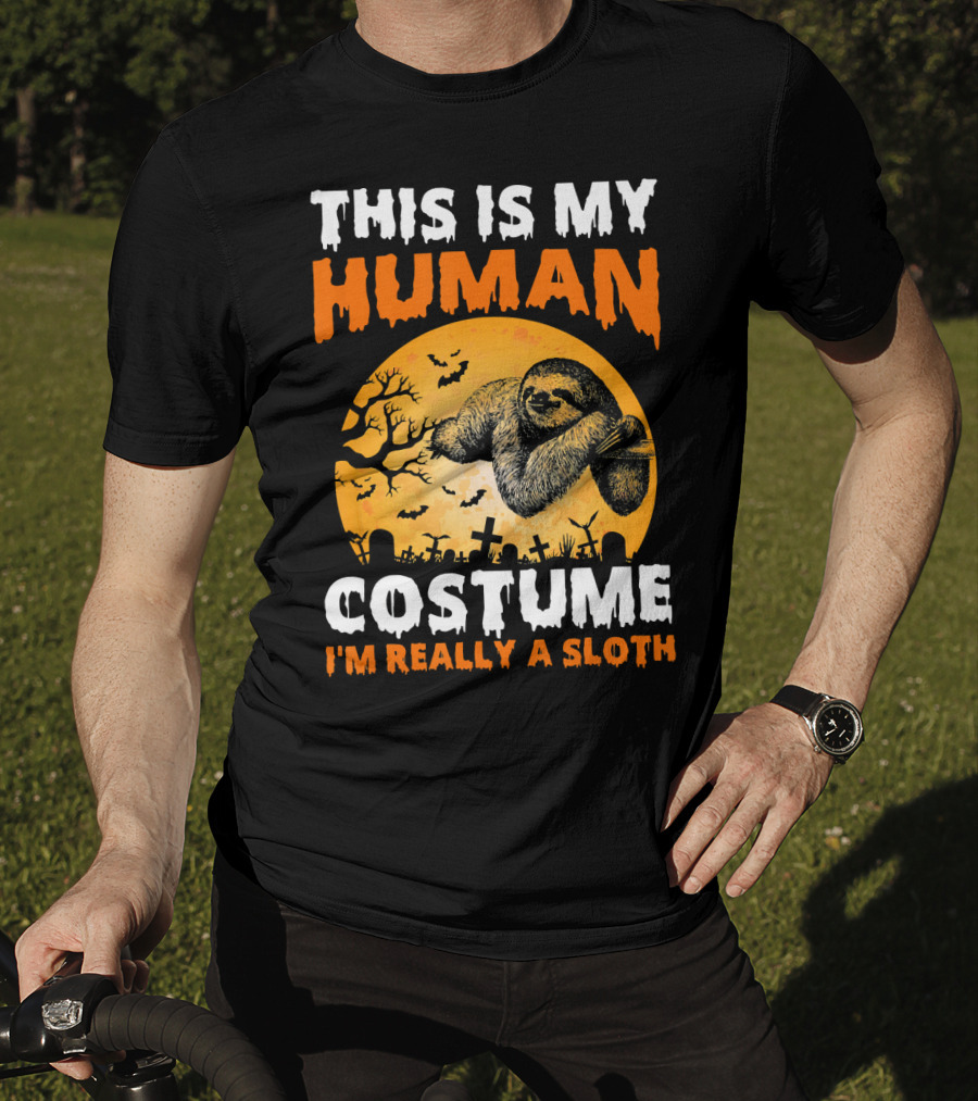 This Is My Human Costume I'm Really A Sloth Halloween Moon Cemetery T-Shirt
