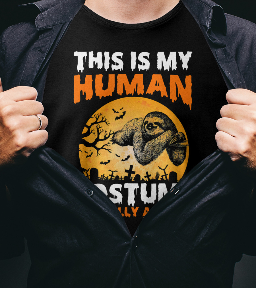 This Is My Human Costume I'm Really A Sloth Halloween Moon Cemetery T-Shirt