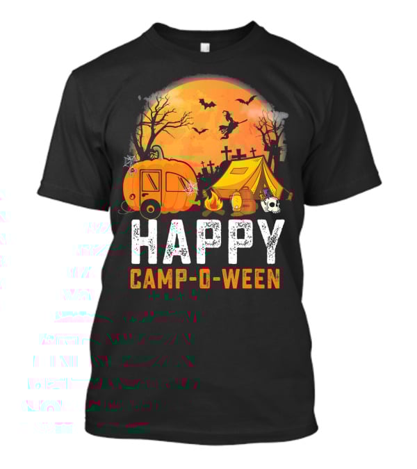 Funny Happy Camp O Ween Camping Halloween Scene With Pumpkin Caravan And Tent T-Shirt