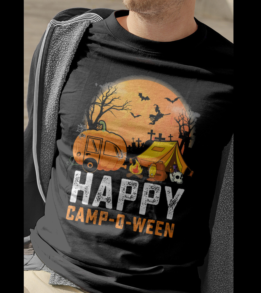 Funny Happy Camp O Ween Camping Halloween Scene With Pumpkin Caravan And Tent T-Shirt