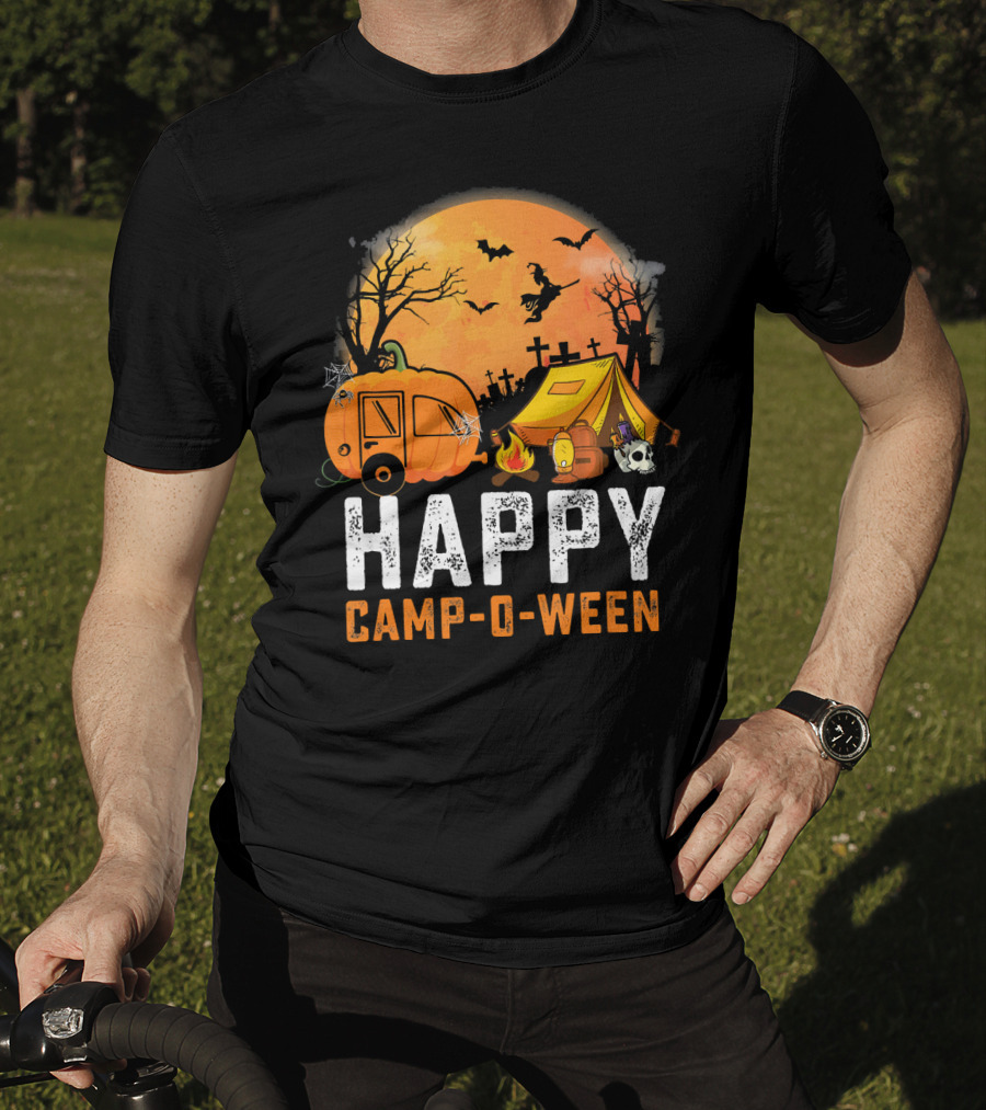 Funny Happy Camp O Ween Camping Halloween Scene With Pumpkin Caravan And Tent T-Shirt