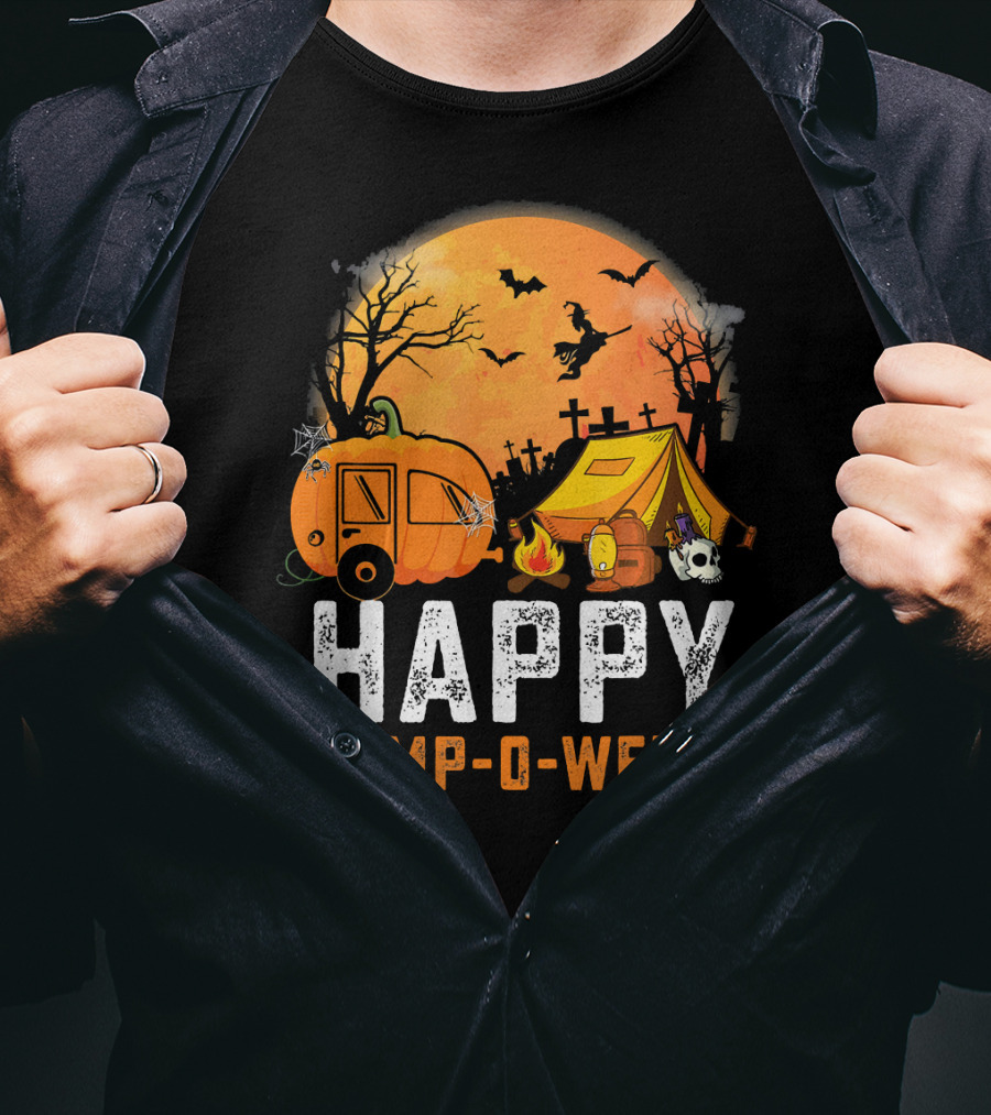 Funny Happy Camp O Ween Camping Halloween Scene With Pumpkin Caravan And Tent T-Shirt