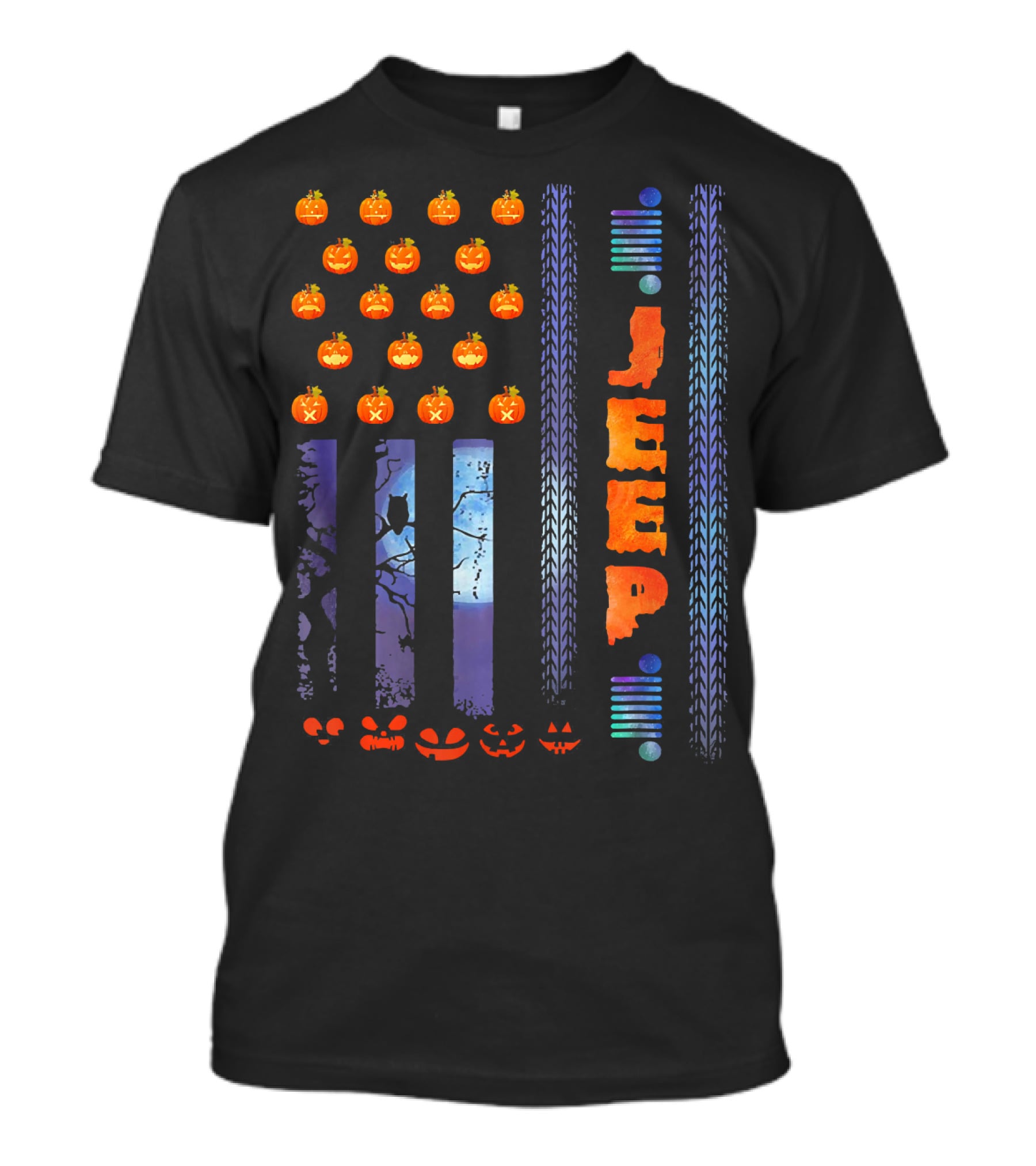 Jeep Halloween Pumpkin USA Flag With Tire Tracks And Spooky Jack-o-Lanterns T-Shirt