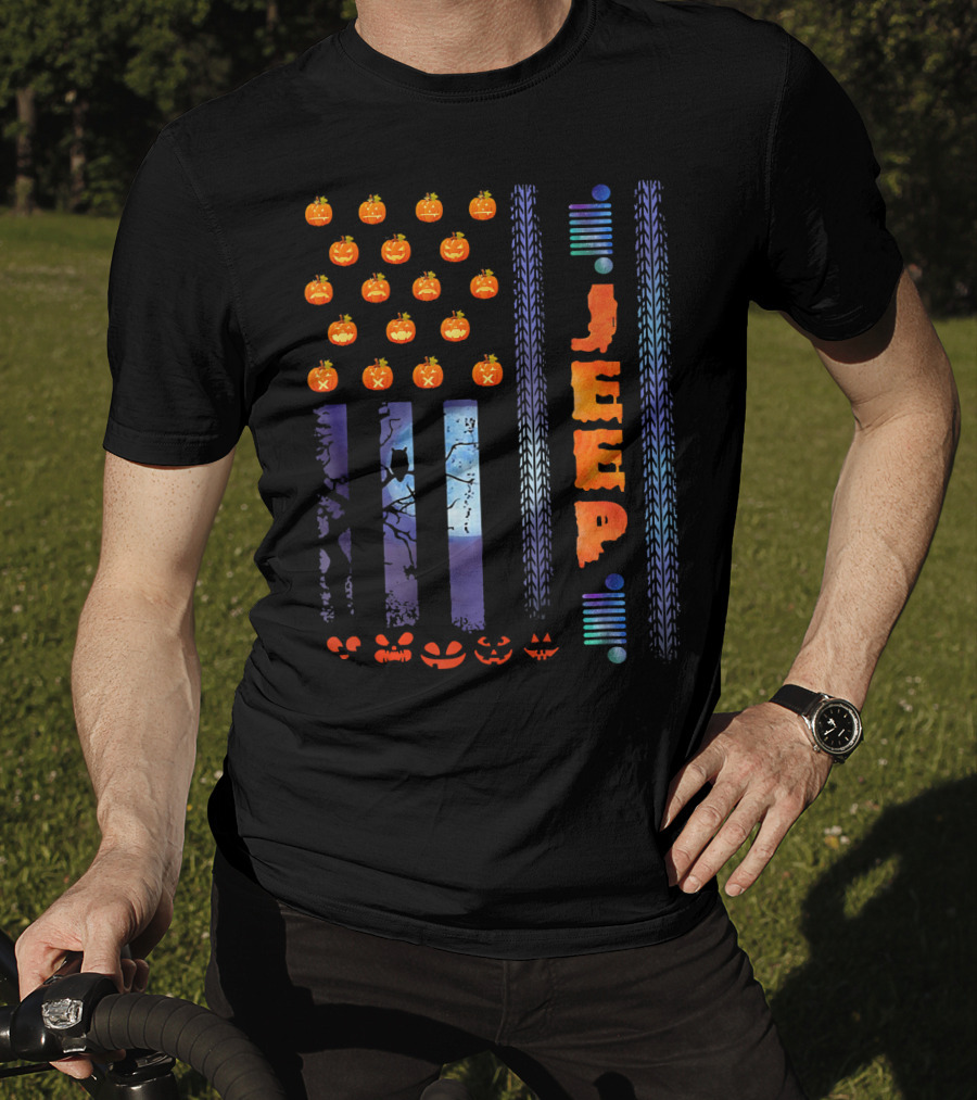 Jeep Halloween Pumpkin USA Flag With Tire Tracks And Spooky Jack-o-Lanterns T-Shirt