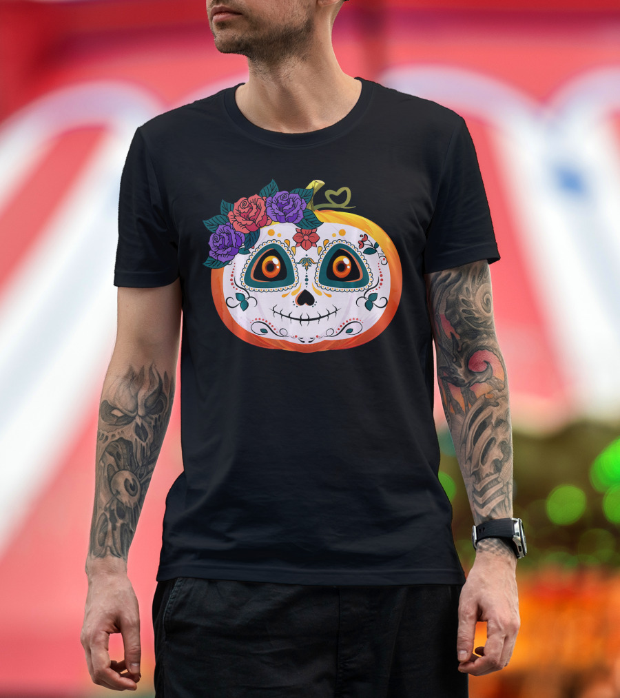 Pumpkin Floral Sugar Skull Jack O Lantern with Flowers T-Shirt