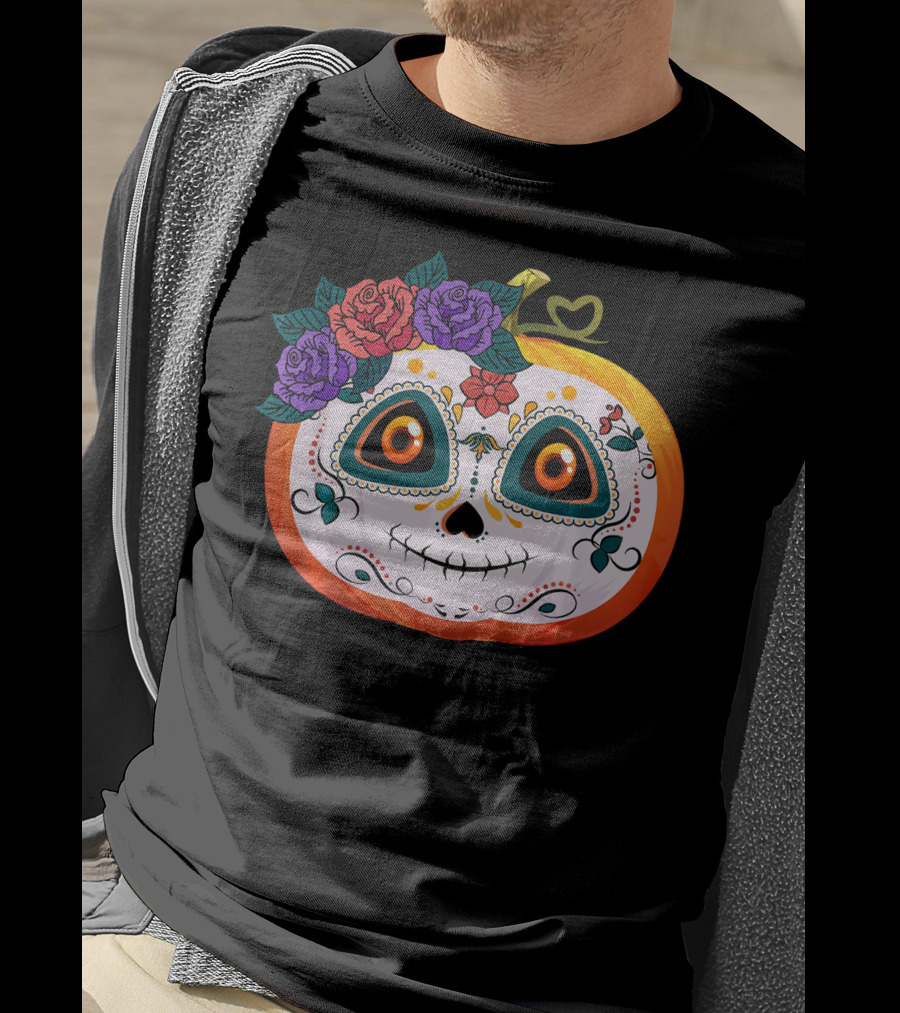 Pumpkin Floral Sugar Skull Jack O Lantern With Flowers T-Shirt