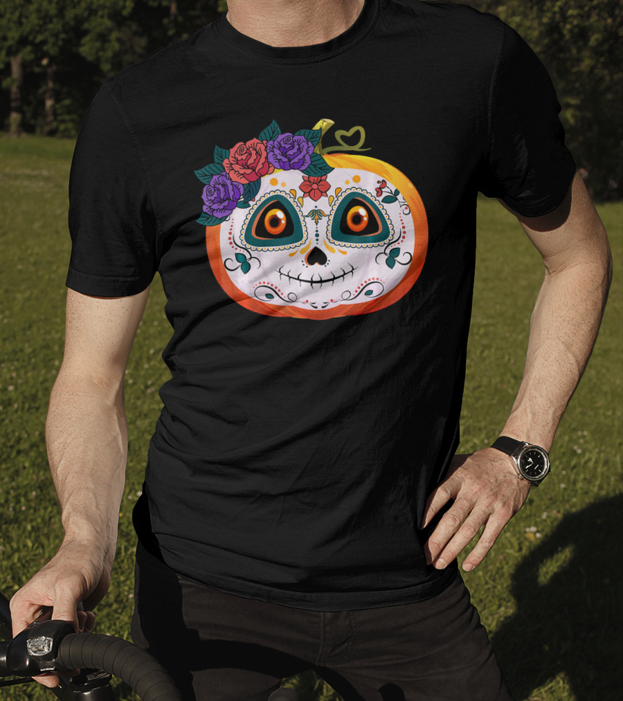 Pumpkin Floral Sugar Skull Jack O Lantern With Flowers T-Shirt