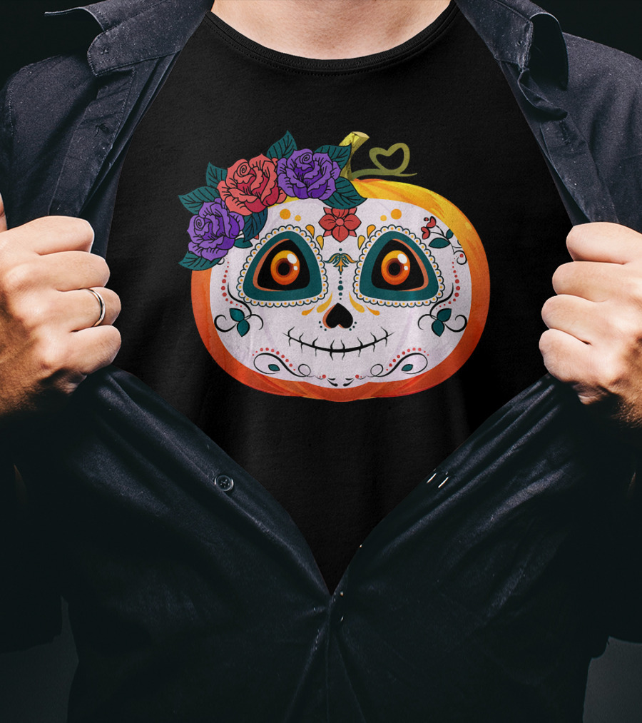 Pumpkin Floral Sugar Skull Jack O Lantern With Flowers T-Shirt