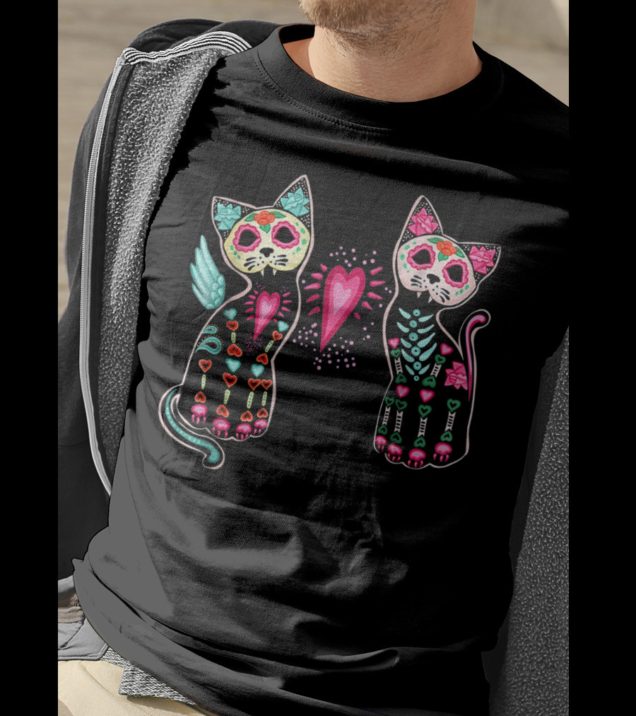 Day Of Dead Sugar Cats Skeleton Skull Winged Heart T-Shirt