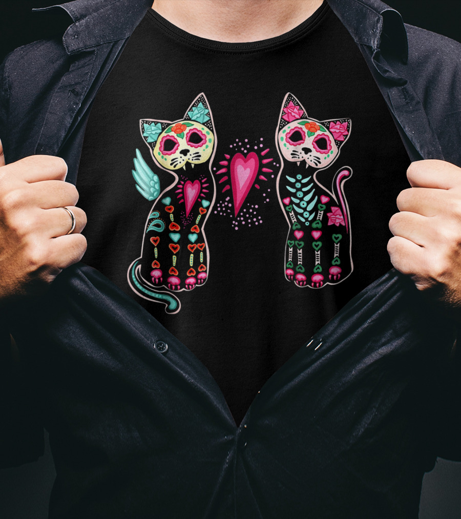 Day Of Dead Sugar Cats Skeleton Skull Winged Heart T-Shirt