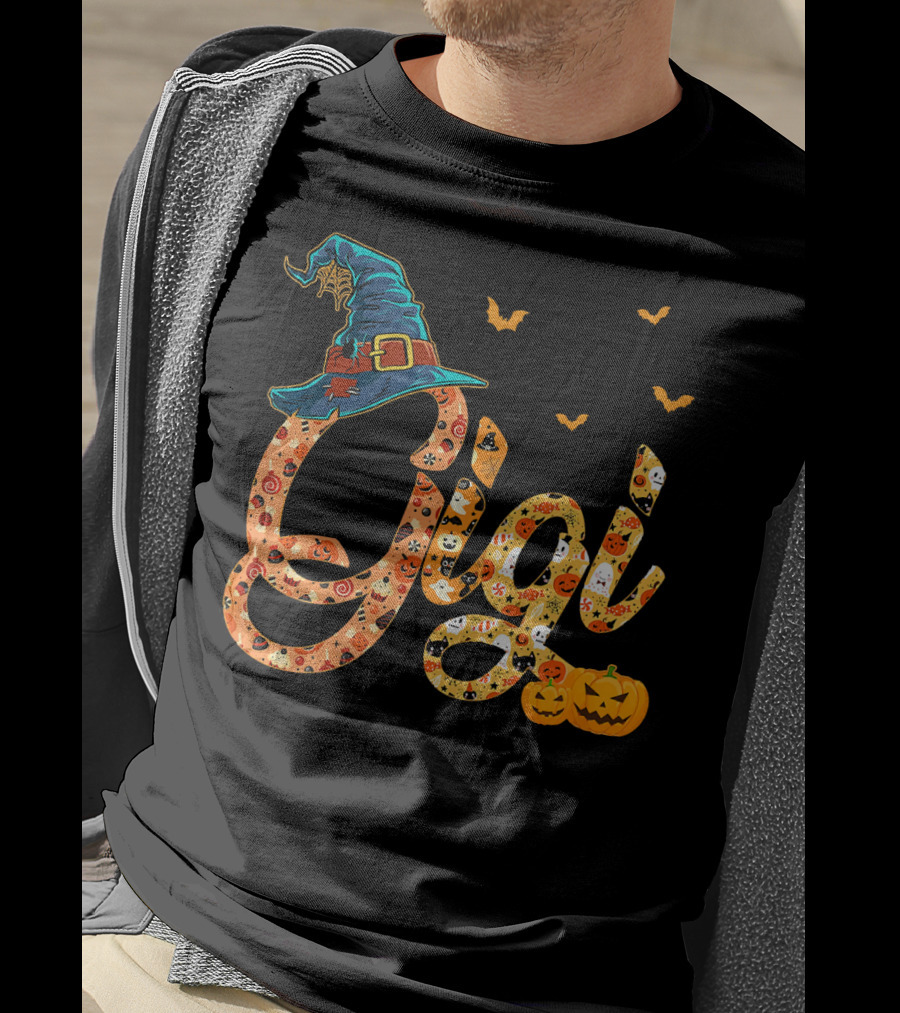 Gigi Funny Halloween Witch Hat Pumpkins Bats T-Shirt