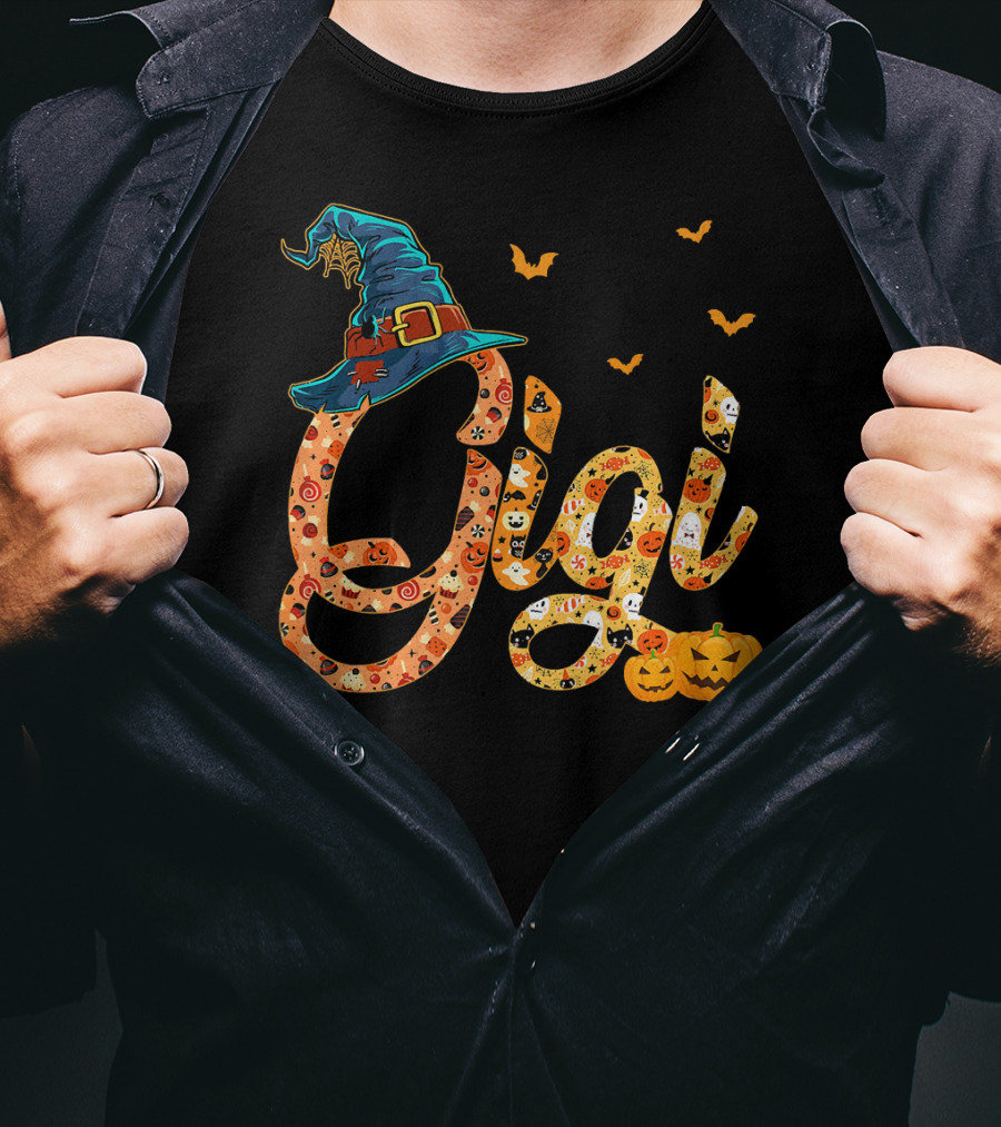 Gigi Funny Halloween Witch Hat Pumpkins Bats T-Shirt