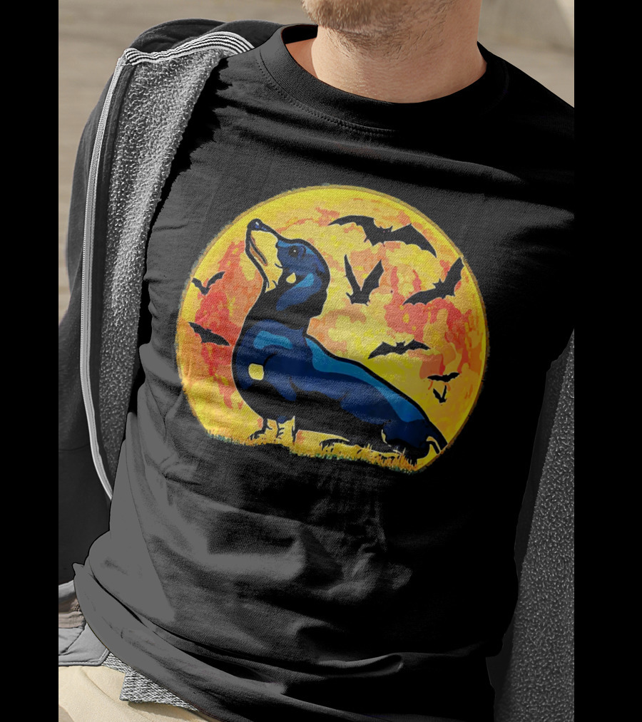 Dachshund Halloween Moon With Flying Bats T-Shirt