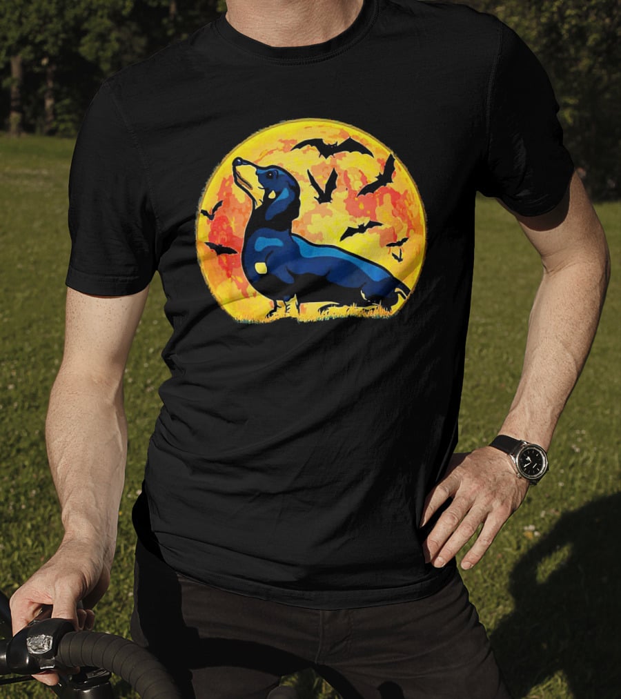 Dachshund Halloween Moon With Flying Bats T-Shirt