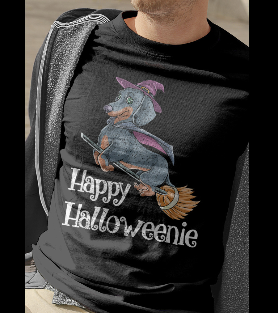 Happy Halloweenie Dachshund Witch Riding Broomstick T-Shirt