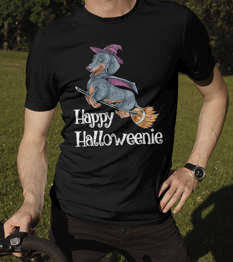 Happy Halloweenie Dachshund Witch Riding Broomstick T-Shirt