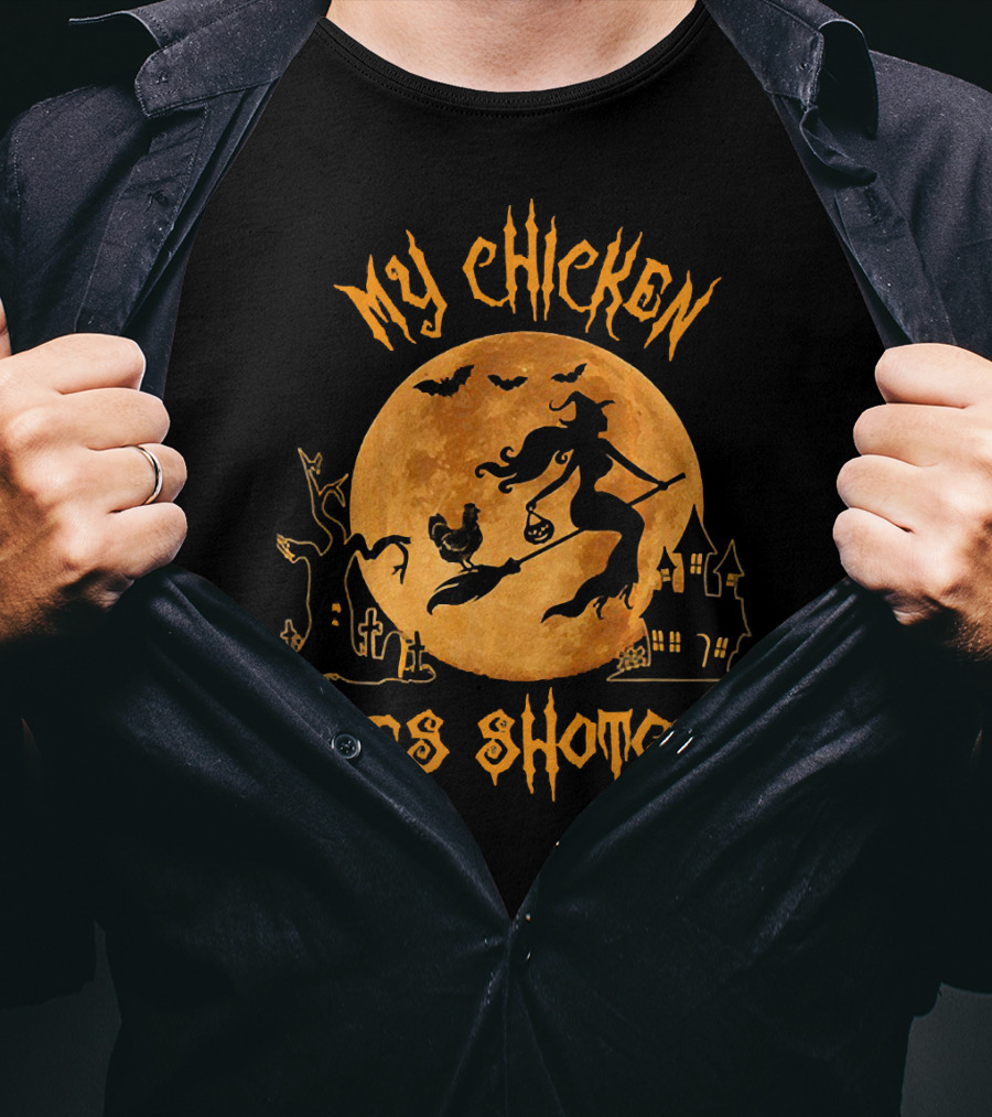 My Chicken Rides Shotgun Halloween Moon Witch Chicken Bats T-Shirt
