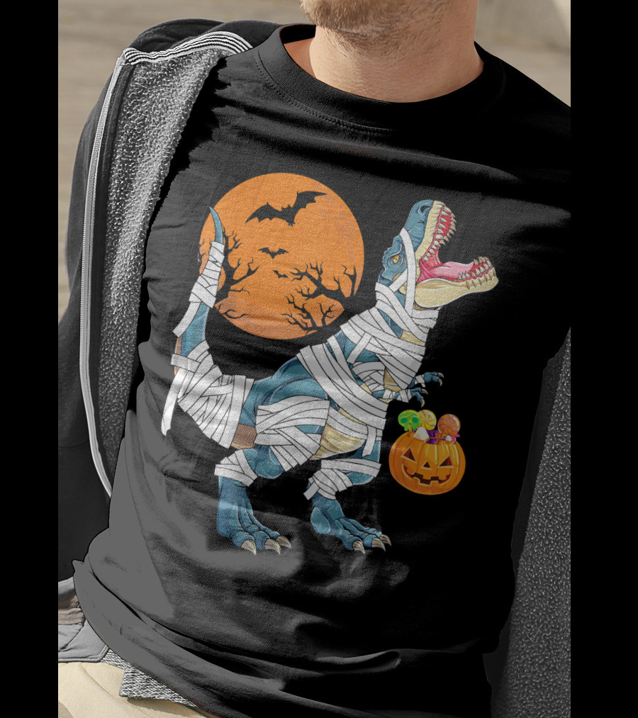 Halloween Dino Girls Kids Mummy Dinosaur Bats Pumpkin Moon T-Shirt