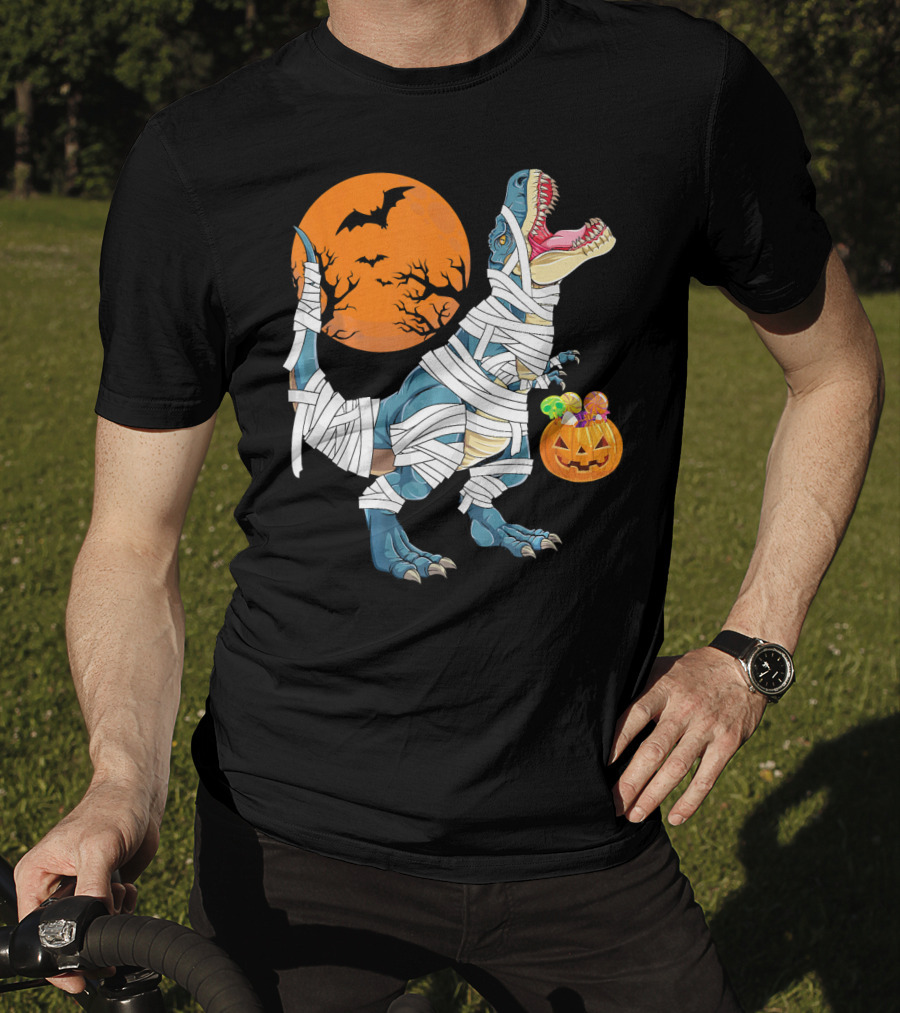 Halloween Dino Girls Kids Mummy Dinosaur Bats Pumpkin Moon T-Shirt