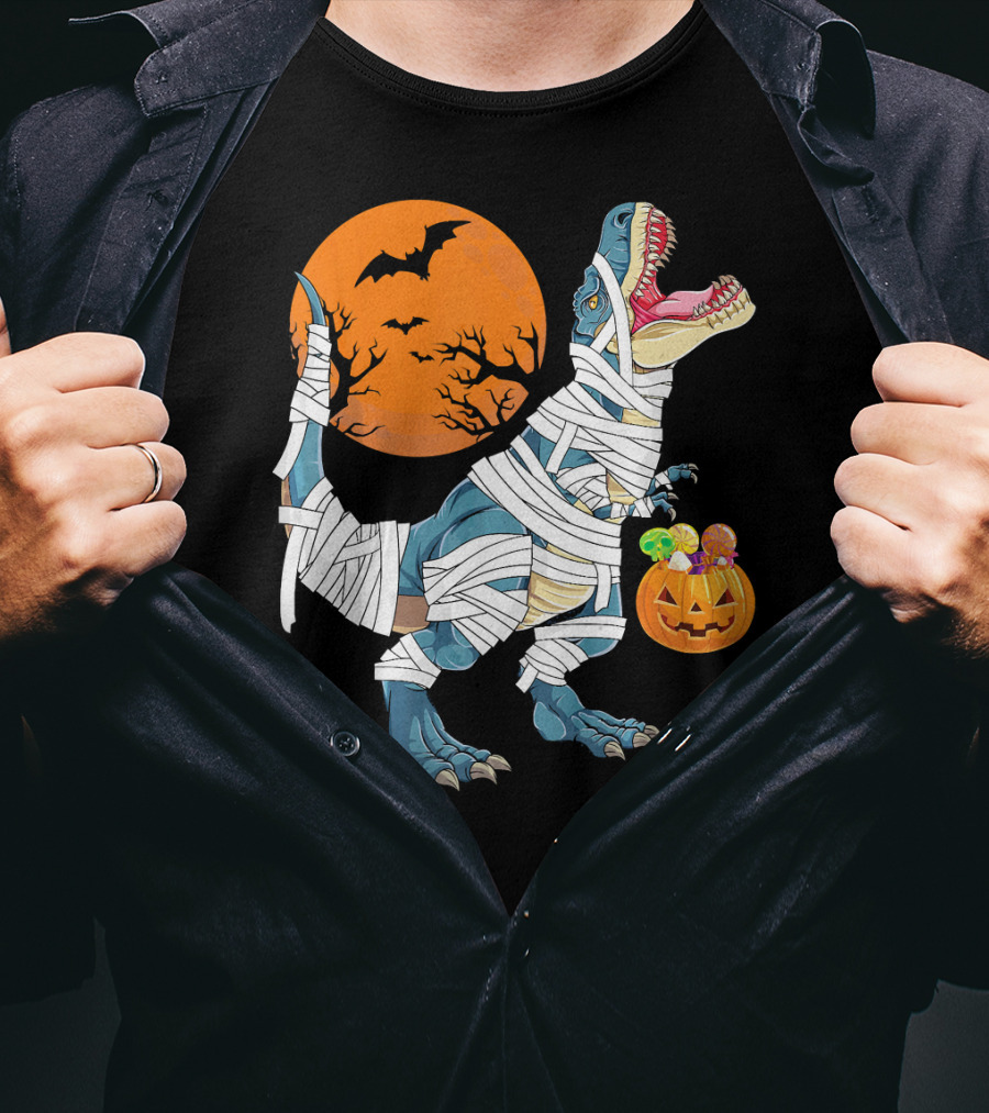 Halloween Dino Girls Kids Mummy Dinosaur Bats Pumpkin Moon T-Shirt