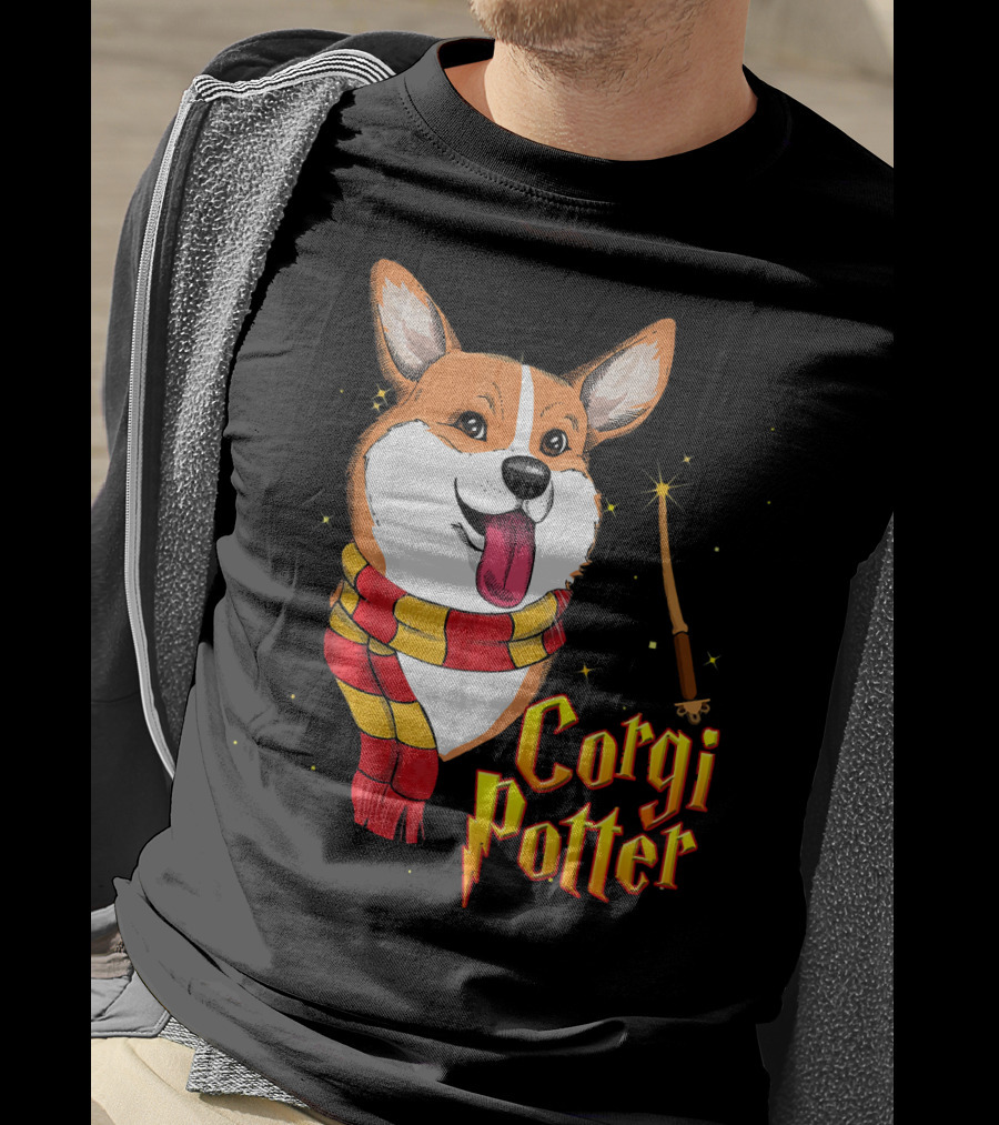 Corgi Potter Cute Harry Pawter Dog With Scarf And Wand T-Shirt