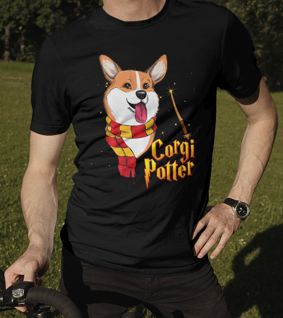 Corgi Potter Cute Harry Pawter Dog With Scarf And Wand T-Shirt