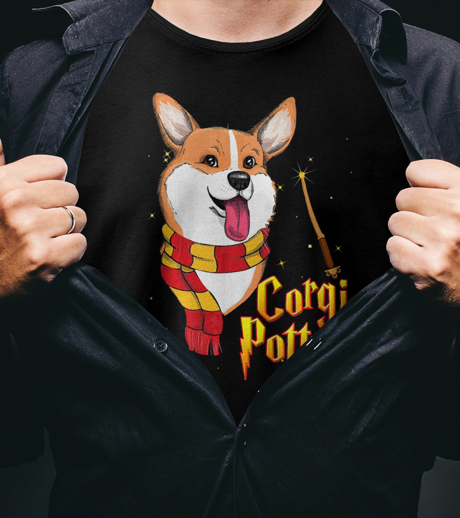 Corgi Potter Cute Harry Pawter Dog With Scarf And Wand T-Shirt