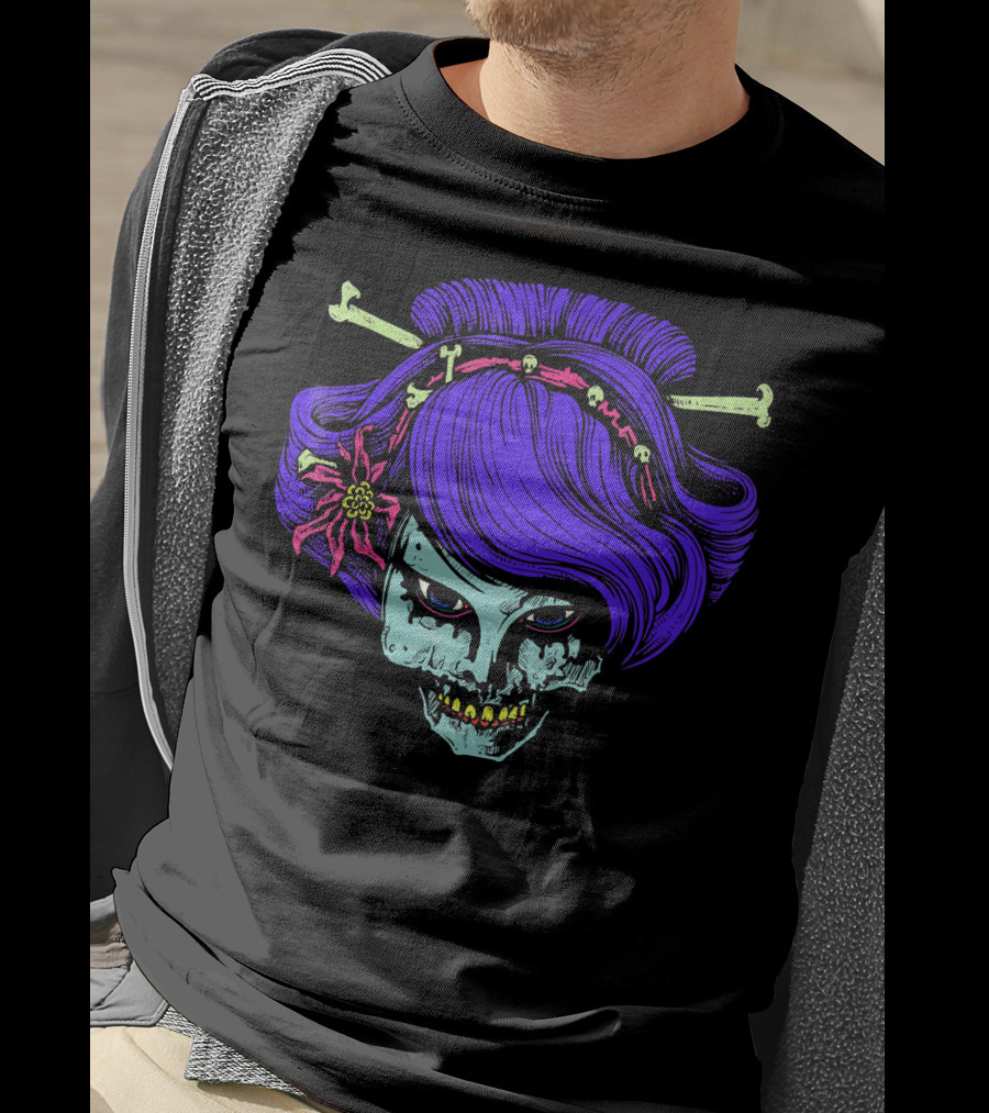 Zombie Geisha Skull With Purple Hair And Bone Hairpins T-Shirt