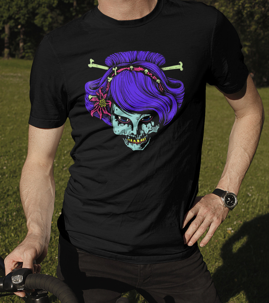 Zombie Geisha Skull With Purple Hair And Bone Hairpins T-Shirt