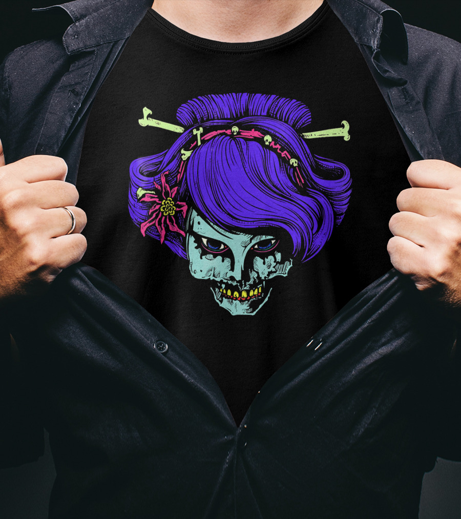 Zombie Geisha Skull With Purple Hair And Bone Hairpins T-Shirt