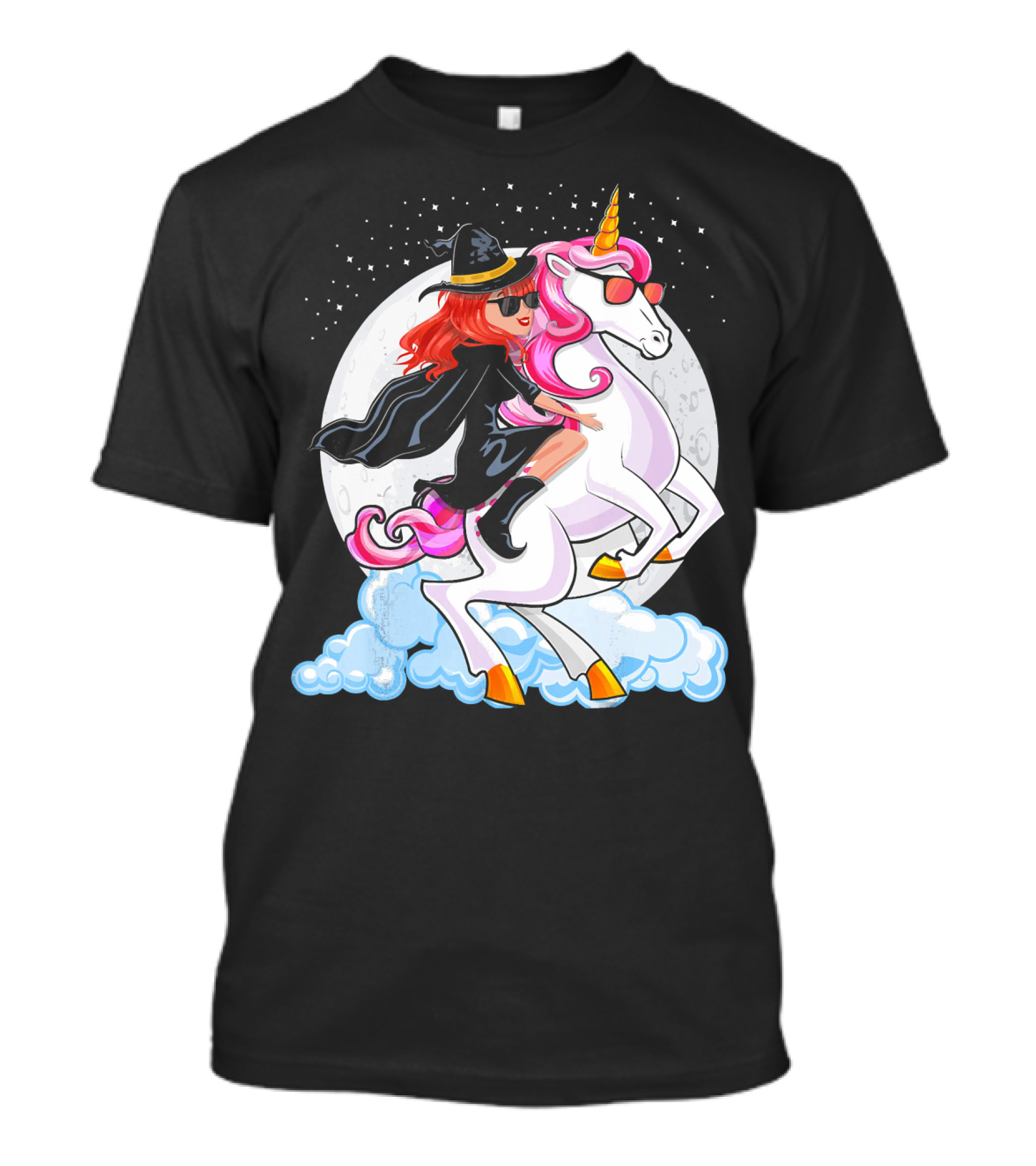 Halloween Witch Riding A Unicorn In Front Of Full Moon T-Shirt