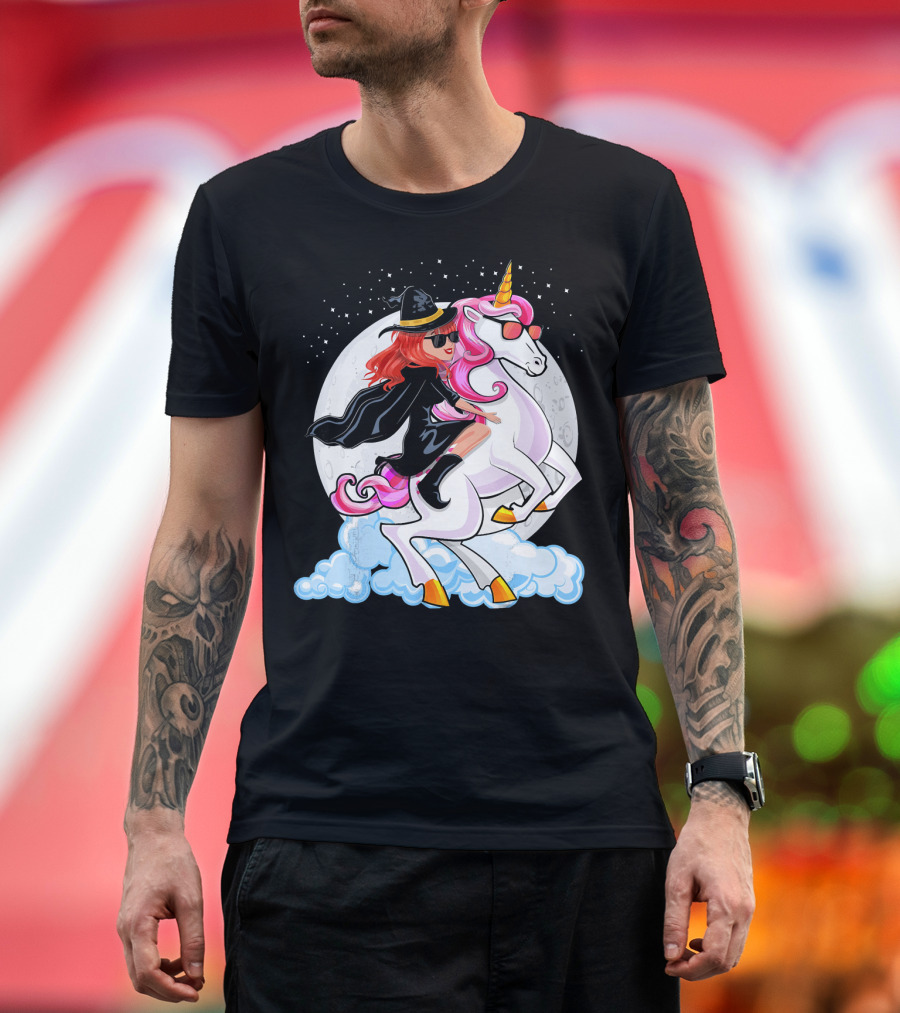Halloween Witch Riding a Unicorn in Front of Full Moon T-Shirt