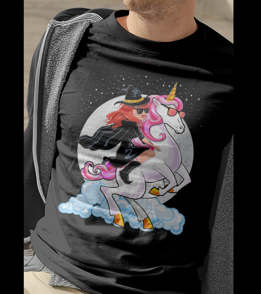 Halloween Witch Riding A Unicorn In Front Of Full Moon T-Shirt