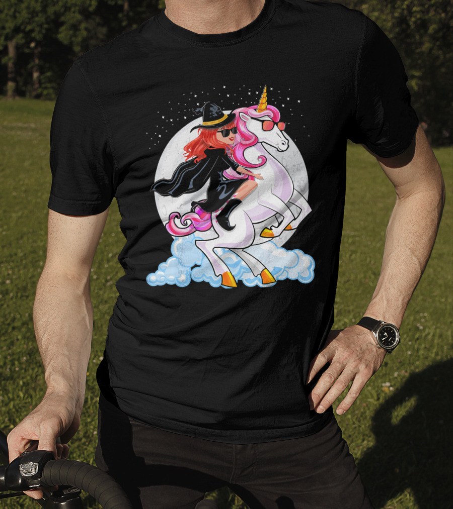 Halloween Witch Riding A Unicorn In Front Of Full Moon T-Shirt