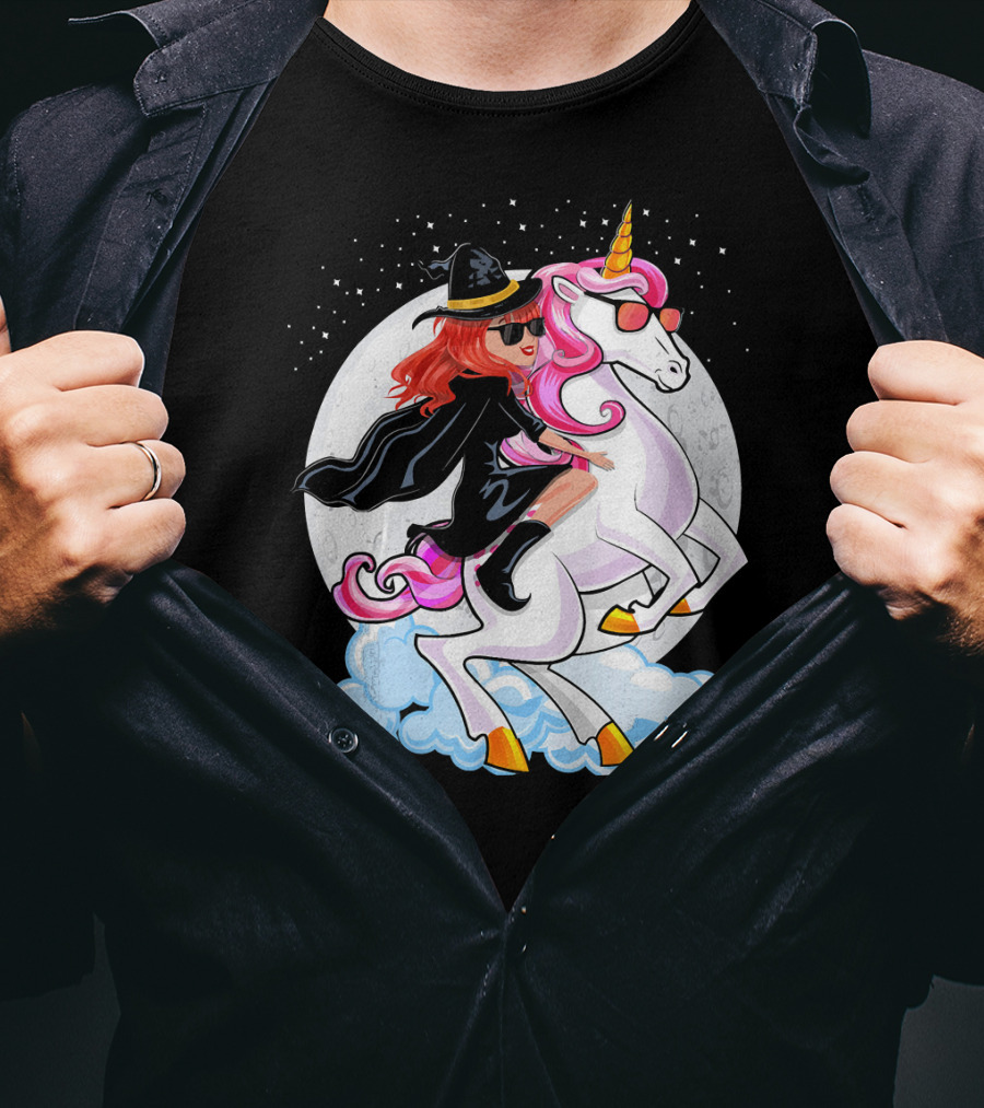 Halloween Witch Riding A Unicorn In Front Of Full Moon T-Shirt