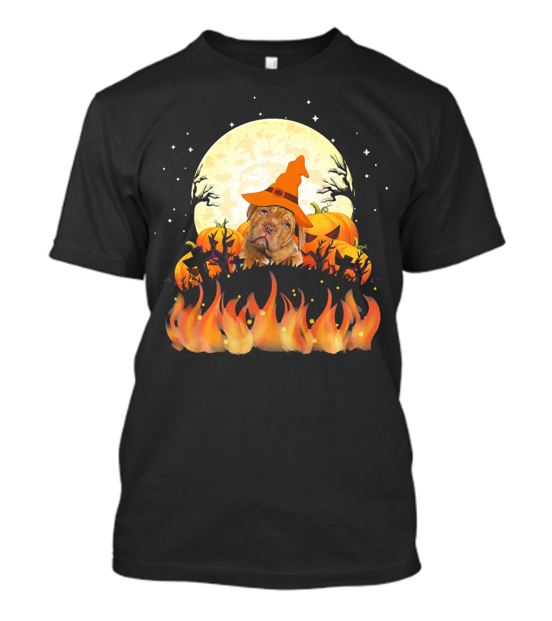 Dogue De Bordeaux Dog Lovers Halloween Full Moon Witch Hat Pumpkin Fire Scene T-Shirt