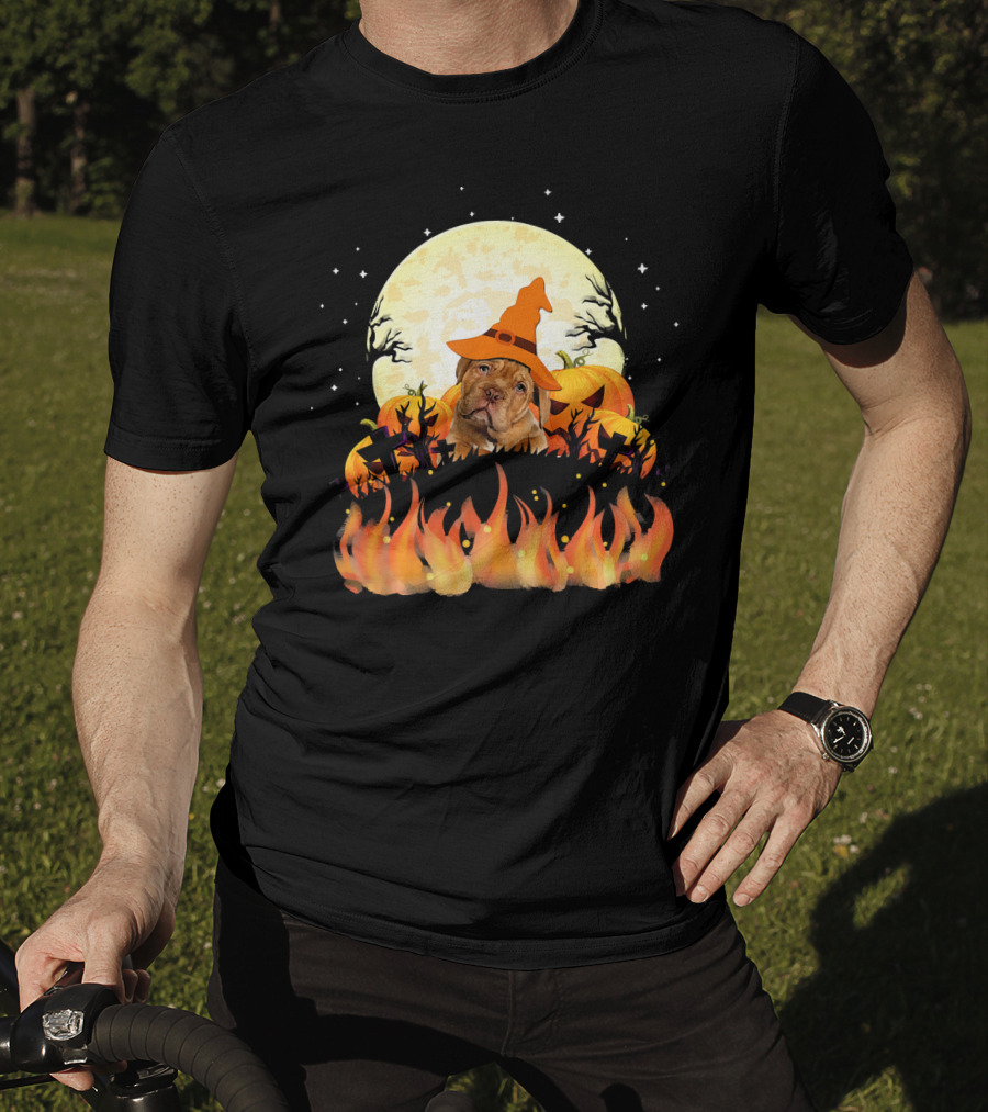 Dogue De Bordeaux Dog Lovers Halloween Full Moon Witch Hat Pumpkin Fire Scene T-Shirt