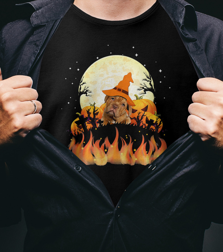 Dogue De Bordeaux Dog Lovers Halloween Full Moon Witch Hat Pumpkin Fire Scene T-Shirt