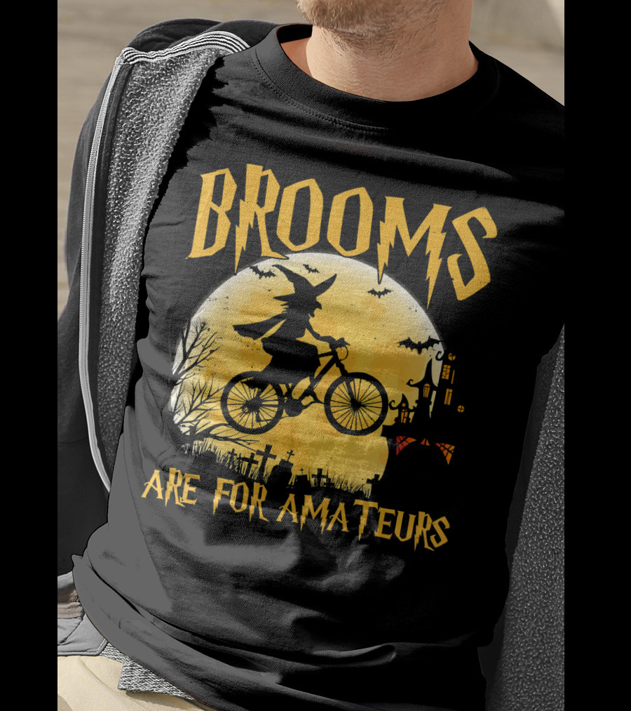 Brooms Are For Amateurs Witch Flying Bike Silhouette Halloween Moon Graveyard T-Shirt