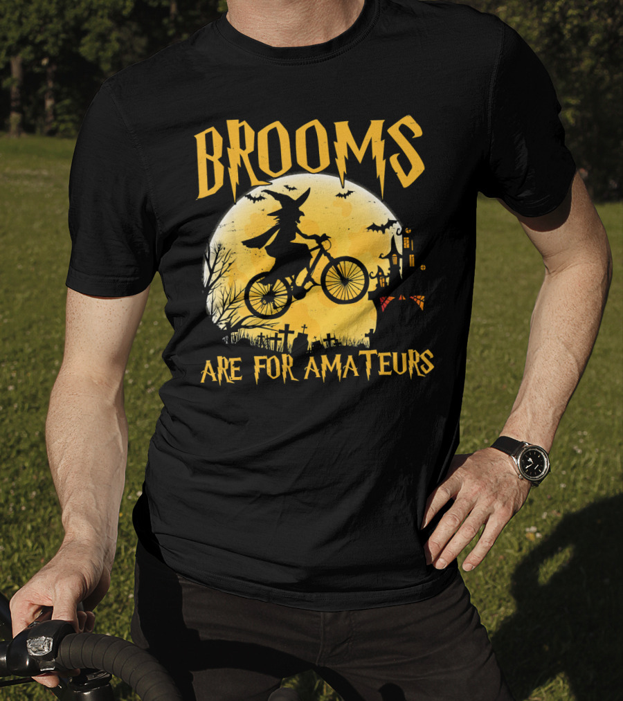 Brooms Are For Amateurs Witch Flying Bike Silhouette Halloween Moon Graveyard T-Shirt