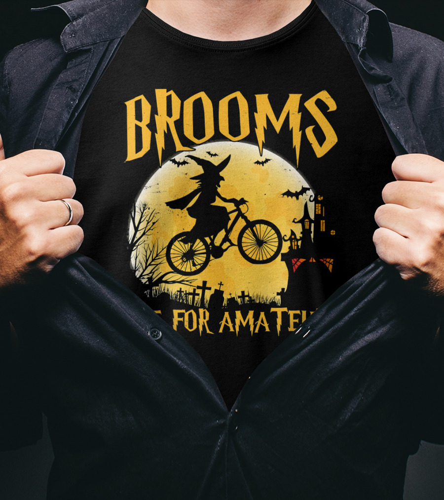Brooms Are For Amateurs Witch Flying Bike Silhouette Halloween Moon Graveyard T-Shirt