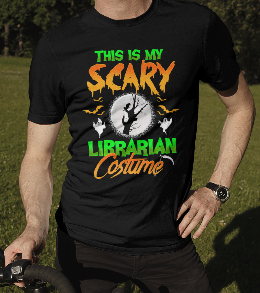 This Is My Scary Librarian Costume Ghosts Bats Moon Grim Reaper Scythe T-Shirt