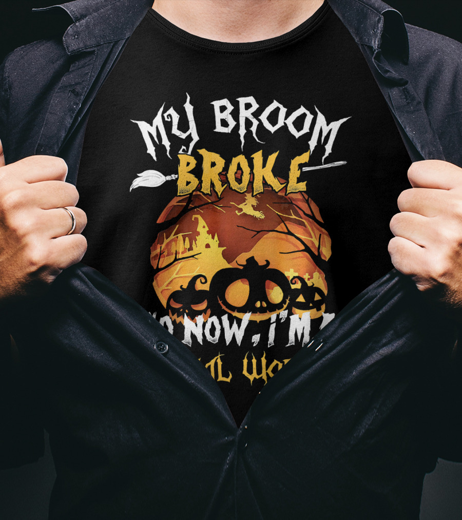 My Broom Broke So Now I'm A Postal Worker Halloween Pumpkin Scene T-Shirt