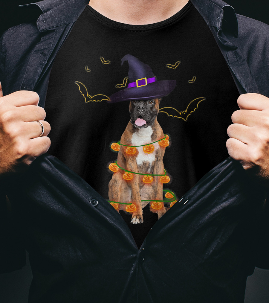 Halloween Boxer Dog Pumpkin Lights Witch Hat Fun T-Shirt
