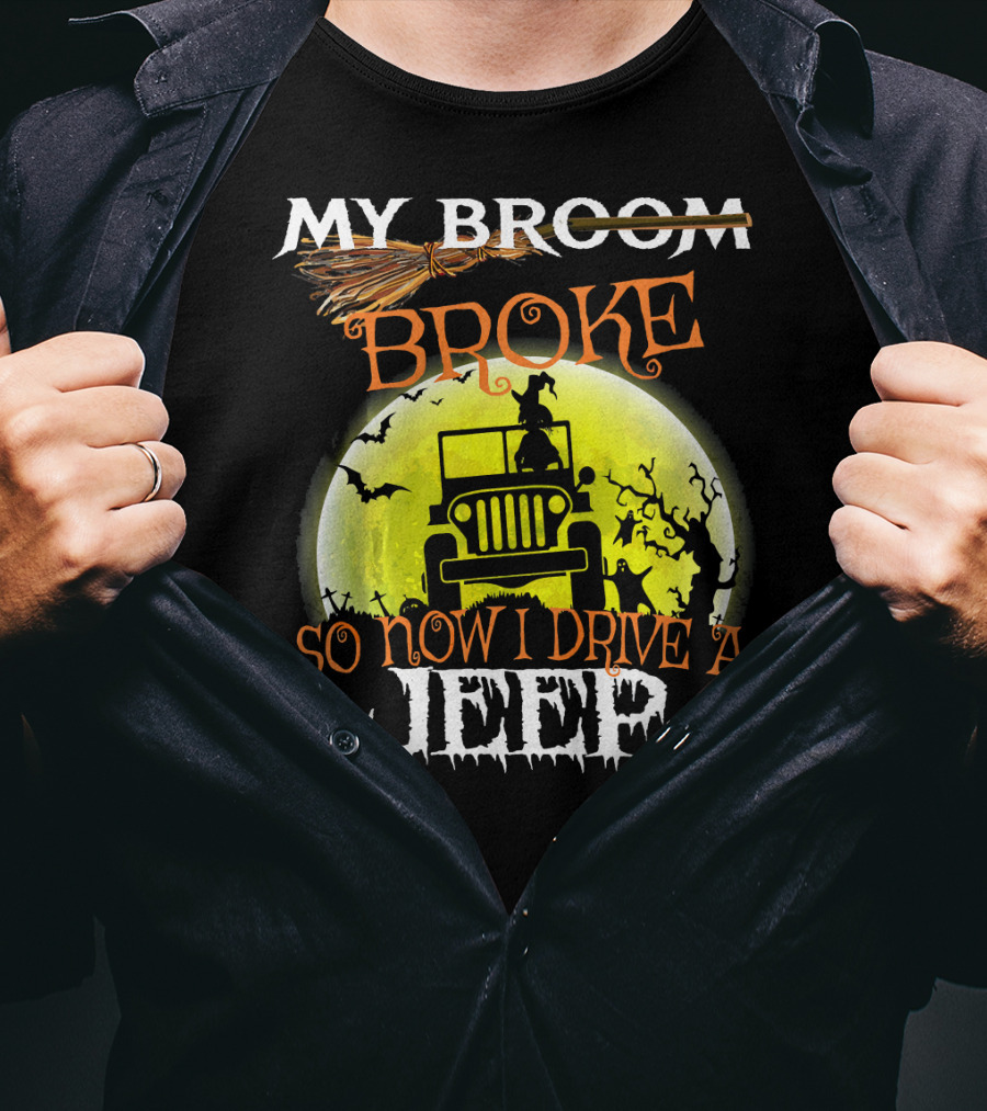 My Broom Broke So Now I Drive A Jeep Halloween Moon Bats T-Shirt