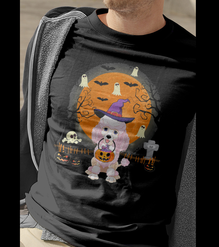 Poodle Dog Witch Halloween Pumpkin Ghosts Bats Graveyard Scene T-Shirt