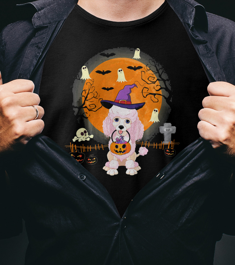 Poodle Dog Witch Halloween Pumpkin Ghosts Bats Graveyard Scene T-Shirt