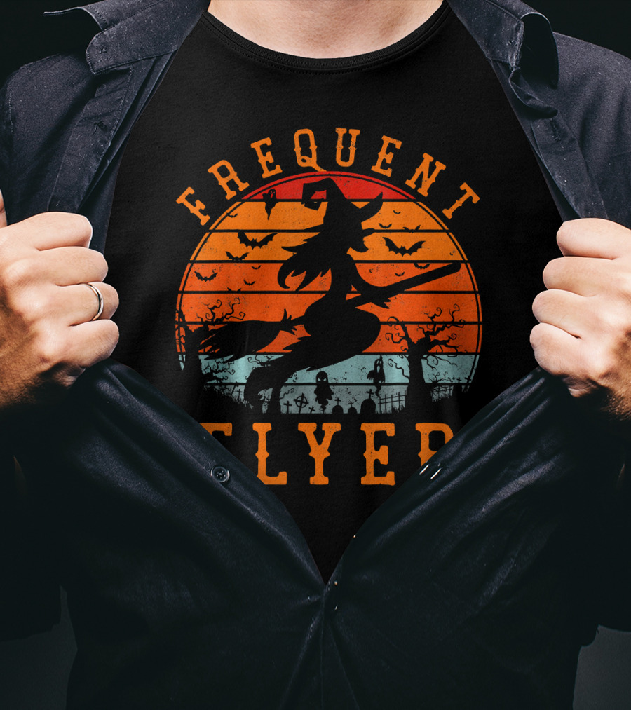 Frequent Flyer Witch Silhouette Halloween Bats And Graveyard Scene T-Shirt