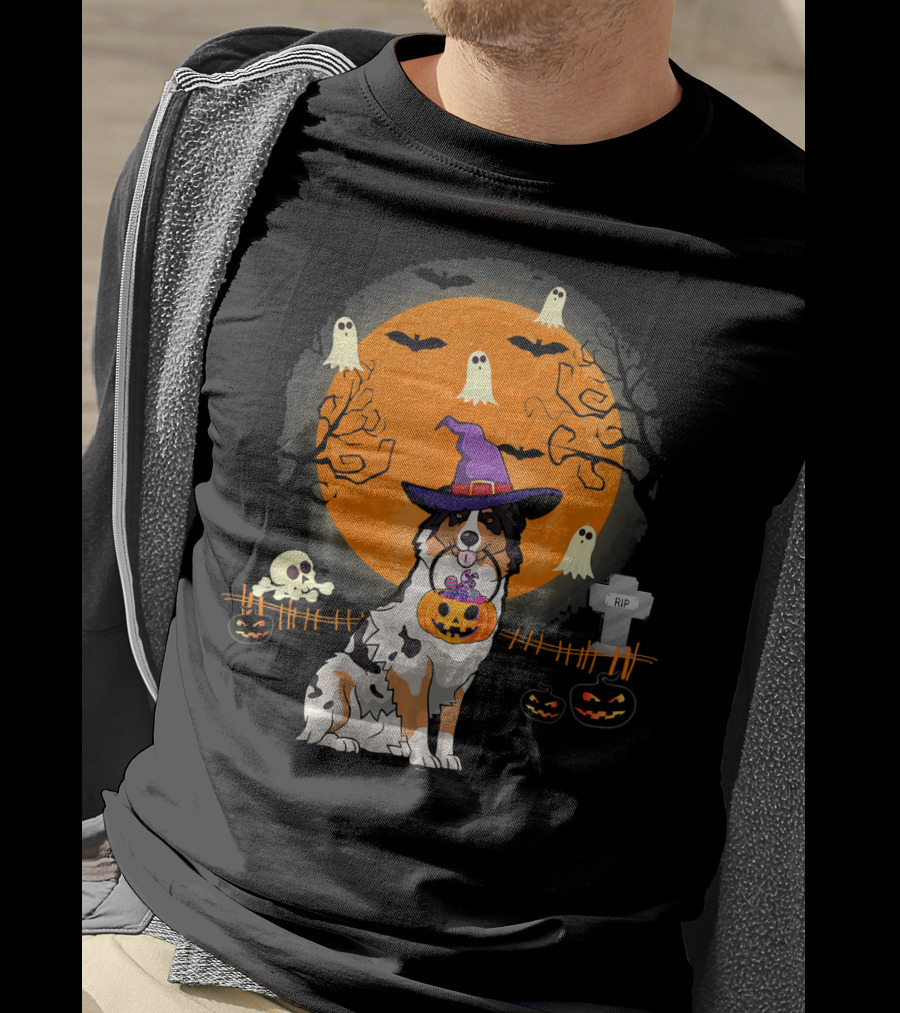 Australian Shepherd Dog Halloween Witch Pumpkin And Ghosts T-Shirt